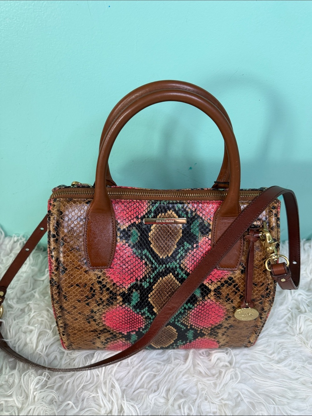 Brahmin Small Carolina  Brown Snake-Print Top-Handle Bag